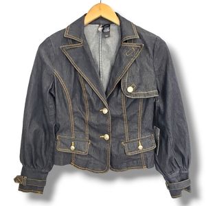 Bisou Bisou Inky Black Puff Sleeve Denim Jacket Size Small NWT